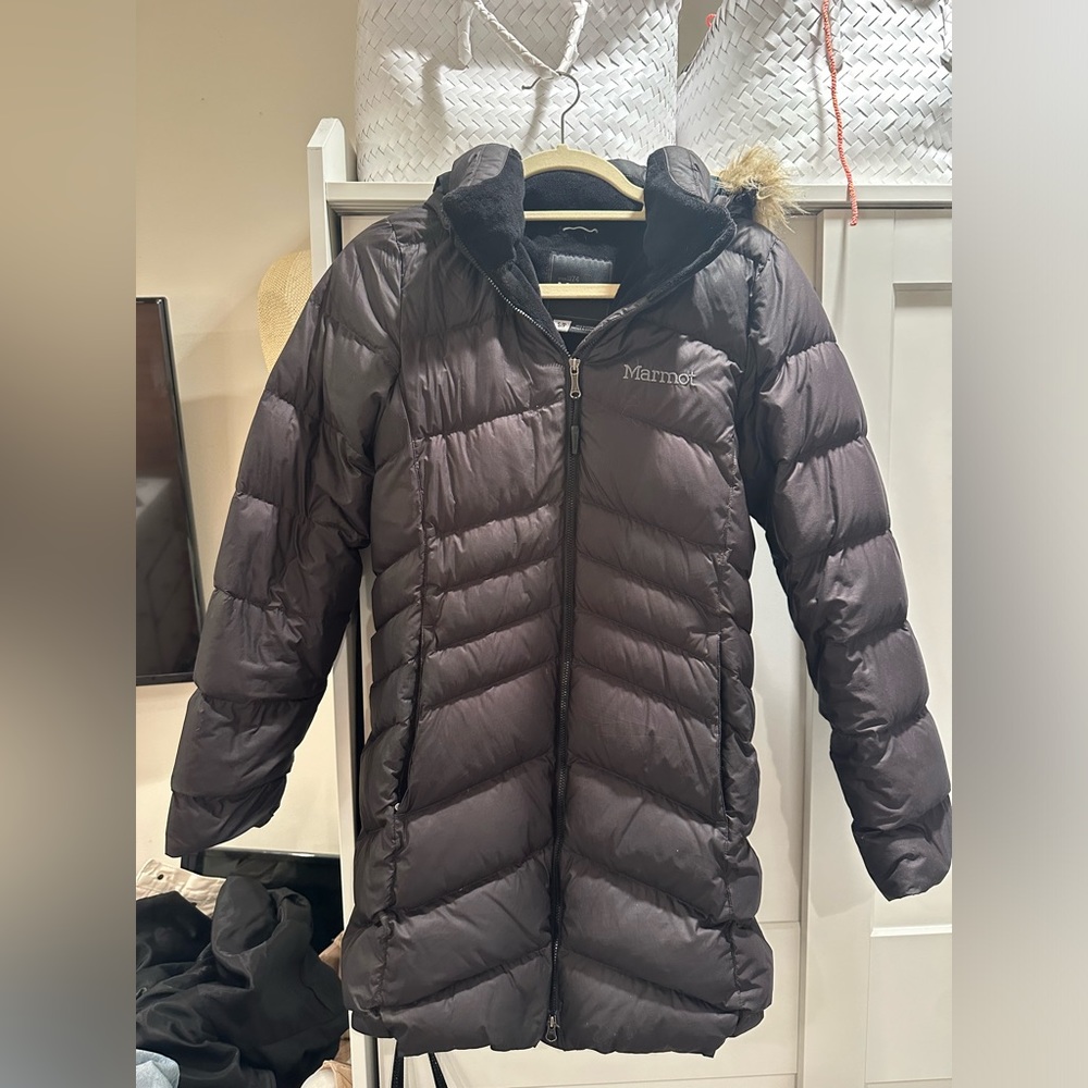 Marmot black puffer parka  with removable fur trim hood